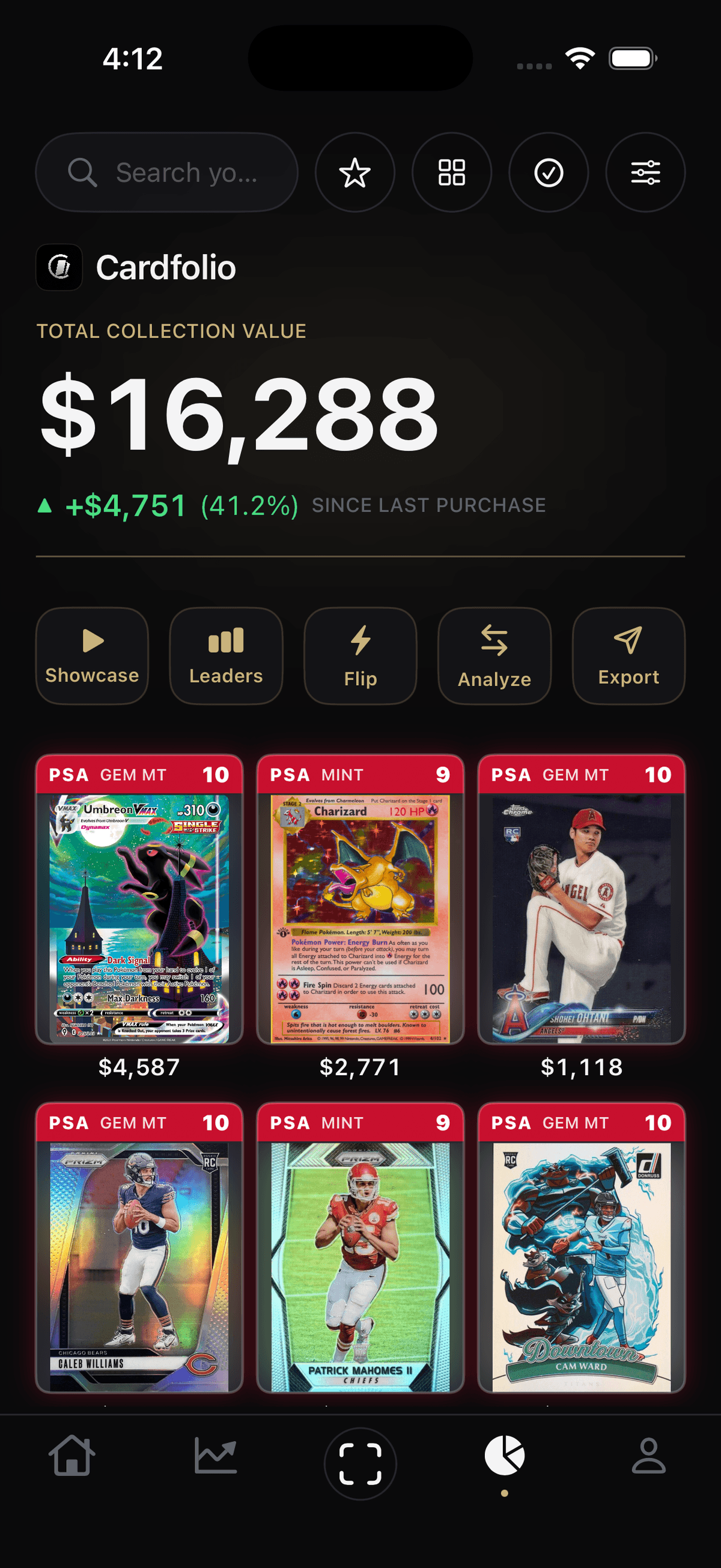 A Cardfolio portfolio worth $16,288, with Pokémon and sports cards priced live, each showing its last sold price and gain since purchase.